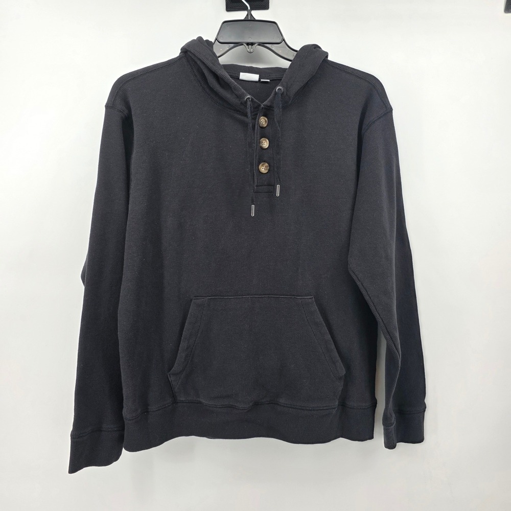 Onia Mens Waffle Knit Henley Hoodie Black Thermal Pullover XL Casual - Picture 2 of 7